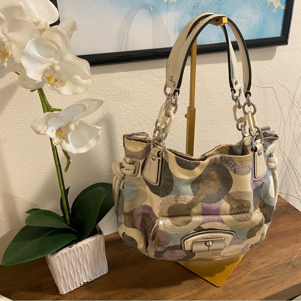 Rare Coach Kristin Op Art sequin canvas and leather satchel/shoulder bag